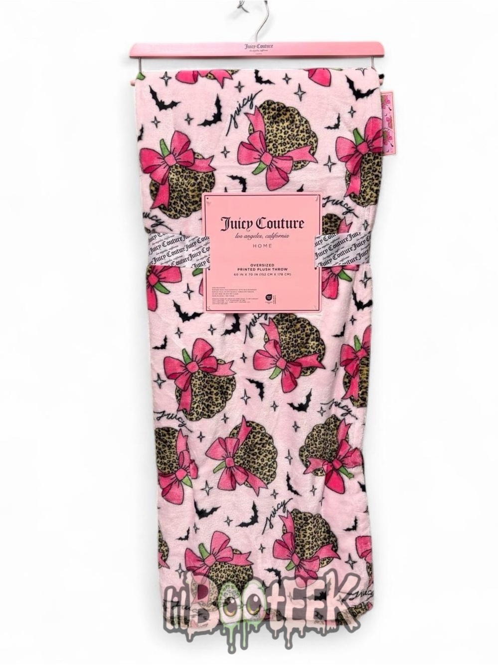 Juicy Couture Halloween Leopard Print Pumpkins w Bows & Bats Pink Plush Throw